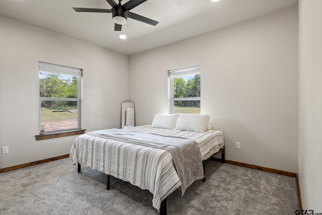 bedroom featuring recessed lighting, carpet, multiple windows, and baseboards