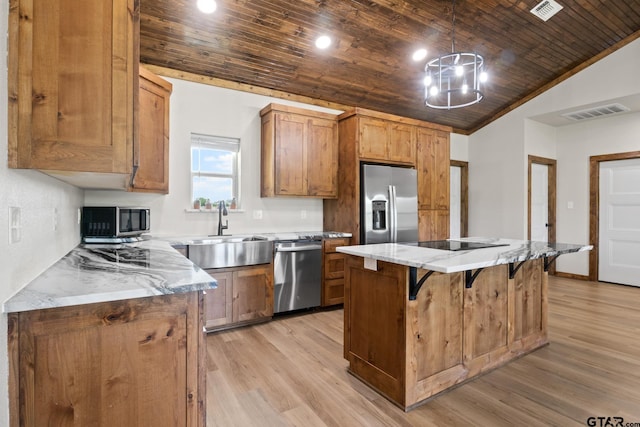 kitchen featuring visible vents, appliances with stainless steel finishes, wooden ceiling, and lofted ceiling