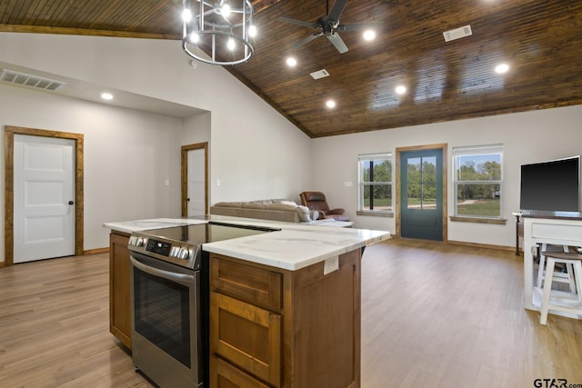 kitchen with open floor plan, wood ceiling, visible vents, and electric stove