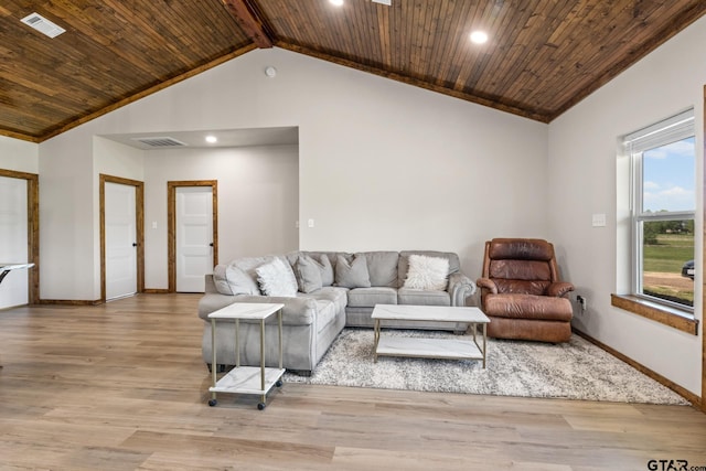 living room with baseboards, recessed lighting, visible vents, wood ceiling, and wood finished floors