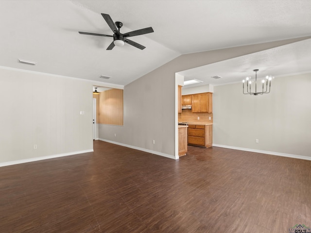 unfurnished living room featuring visible vents, baseboards, dark wood finished floors, and ceiling fan with notable chandelier