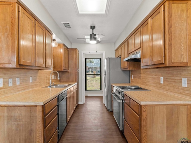 kitchen with visible vents, a sink, under cabinet range hood, appliances with stainless steel finishes, and backsplash