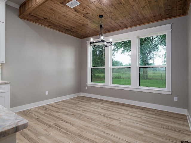 328 Heritage Way, Bullard, TX 75757 - unfurnished dining area with wooden ceiling, light wood finished floors, a chandelier, and baseboards