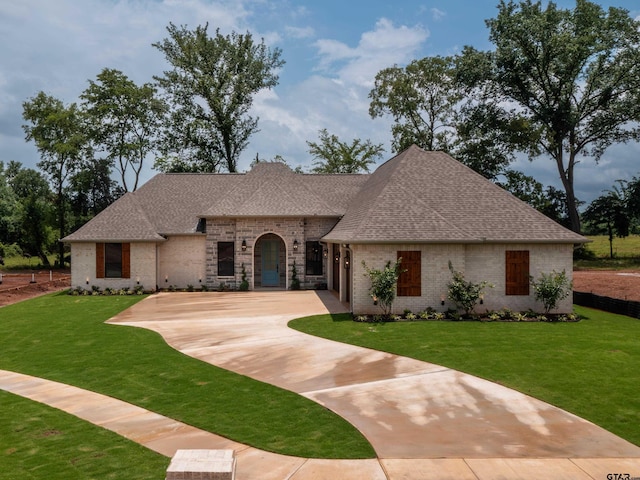 328 Heritage Way, Bullard, TX 75757 - french country inspired facade featuring roof with shingles, driveway, brick siding, and a front yard
