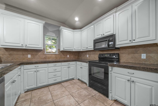 17570 Regal Row, Flint, TX 75762 - kitchen with black appliances, white cabinets, tasteful backsplash, light tile patterned flooring, and recessed lighting