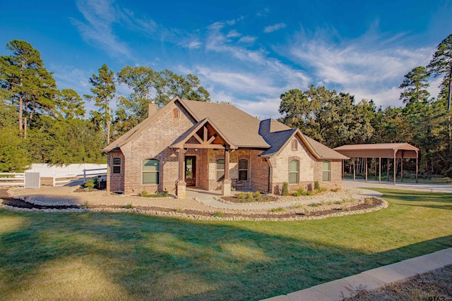 view of front of property featuring a porch, a carport, and a front lawn