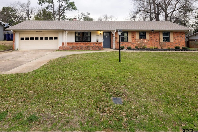 ranch-style house with driveway, a chimney, a front lawn, a garage, and brick siding