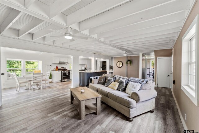 7928 Fm 127, Mount Pleasant, TX 75455 - living room with light wood finished floors, ceiling fan, beamed ceiling, and baseboards