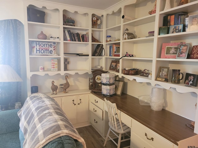 home office with dark hardwood / wood-style flooring