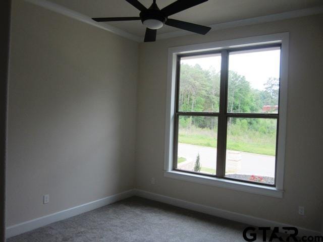 carpeted empty room with ceiling fan and crown molding