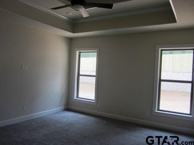 empty room with ceiling fan, carpet flooring, and a tray ceiling