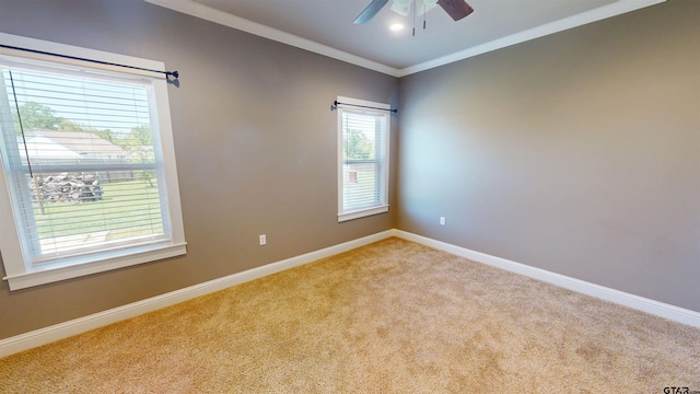 empty room featuring carpet flooring, baseboards, crown molding, and ceiling fan