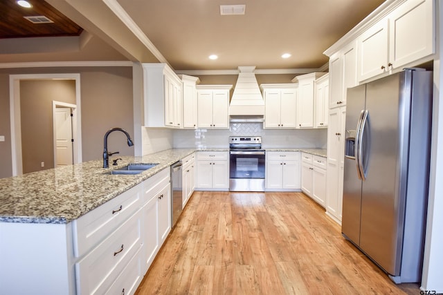 kitchen featuring custom exhaust hood, a peninsula, crown molding, stainless steel appliances, and a sink