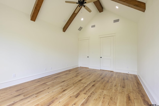 empty room with a ceiling fan, beam ceiling, and visible vents