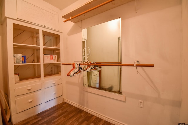 spacious closet with dark wood finished floors