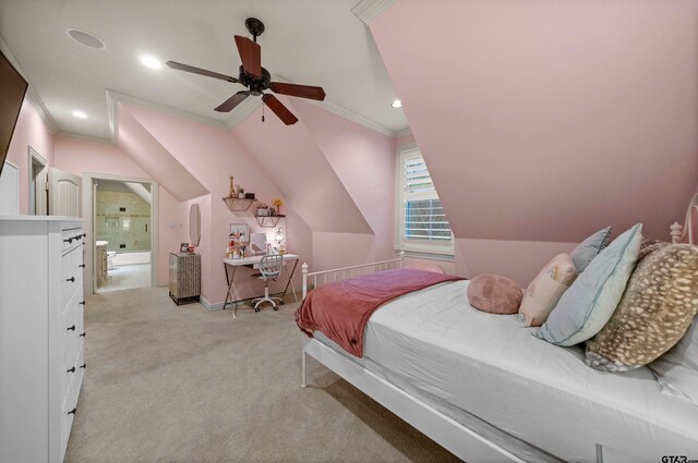 7736 Cross Rd, Tyler, TX 75703 - bedroom with ornamental molding, light colored carpet, lofted ceiling, ensuite bathroom, and recessed lighting