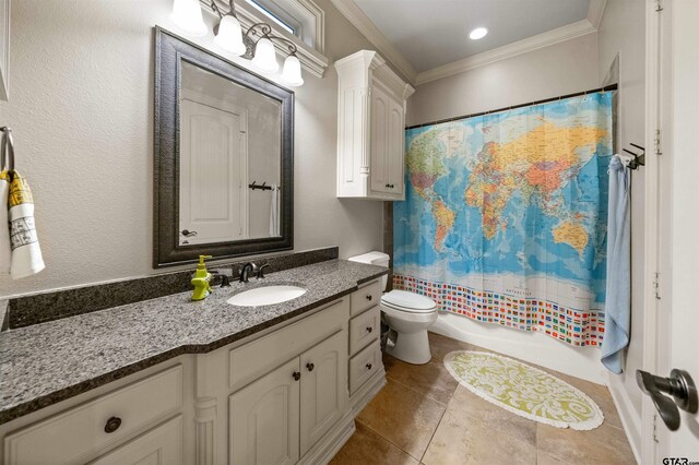 7736 Cross Rd, Tyler, TX 75703 - bathroom featuring vanity, crown molding, tile patterned flooring, and shower / tub combo with curtain