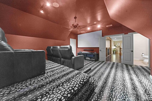 7736 Cross Rd, Tyler, TX 75703 - cinema room featuring lofted ceiling, carpet flooring, and a ceiling fan