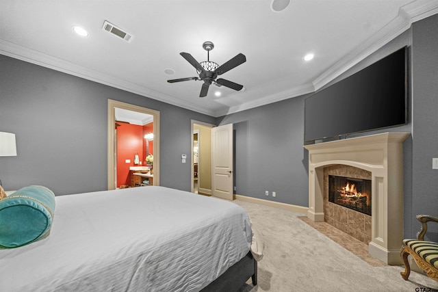 7736 Cross Rd, Tyler, TX 75703 - bedroom featuring carpet, crown molding, recessed lighting, a tiled fireplace, and a ceiling fan