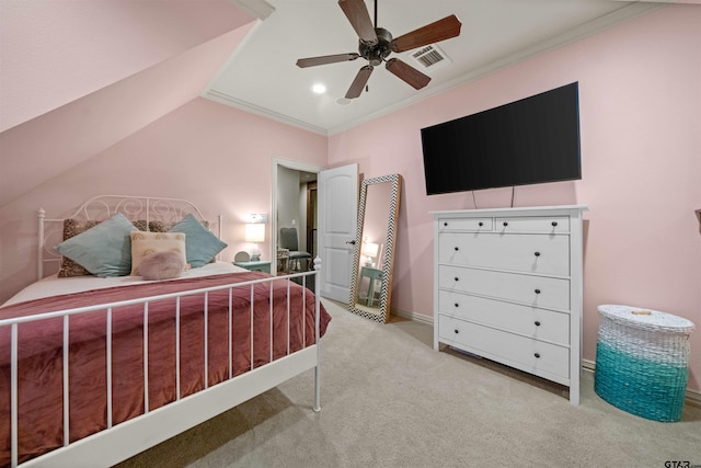 7736 Cross Rd, Tyler, TX 75703 - bedroom with ornamental molding, carpet flooring, a ceiling fan, lofted ceiling, and recessed lighting