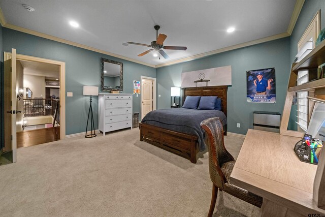 7736 Cross Rd, Tyler, TX 75703 - bedroom with crown molding, carpet, ceiling fan, and recessed lighting
