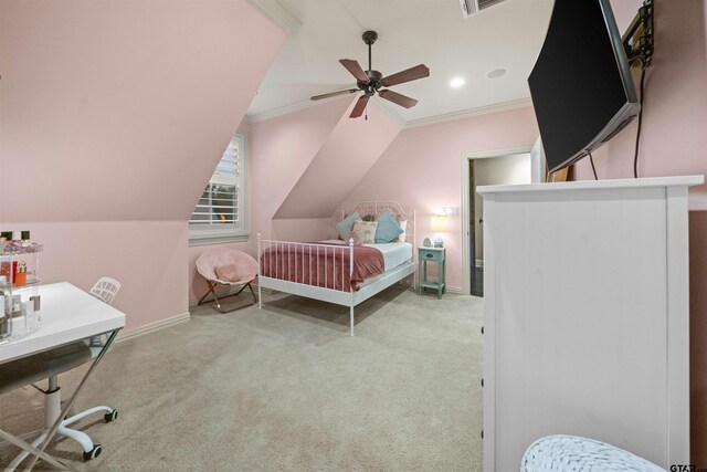 7736 Cross Rd, Tyler, TX 75703 - carpeted bedroom featuring ornamental molding, lofted ceiling, recessed lighting, and ceiling fan
