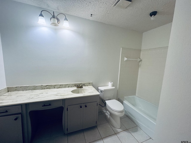 full bathroom featuring a textured ceiling, vanity, shower / washtub combination, tile patterned flooring, and toilet