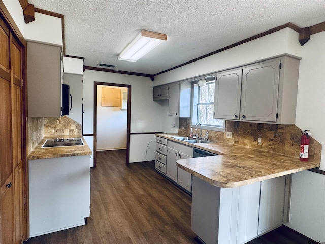 kitchen featuring sink, gray cabinets, ornamental molding, tasteful backsplash, and kitchen peninsula