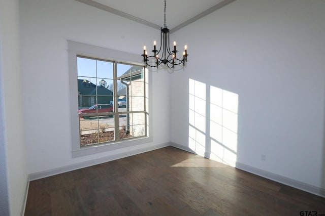 unfurnished dining area with dark wood-type flooring and a notable chandelier