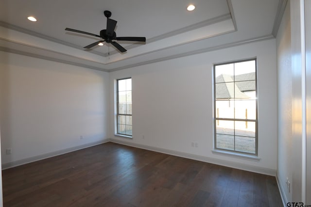 empty room featuring crown molding, a healthy amount of sunlight, dark hardwood / wood-style floors, and a tray ceiling