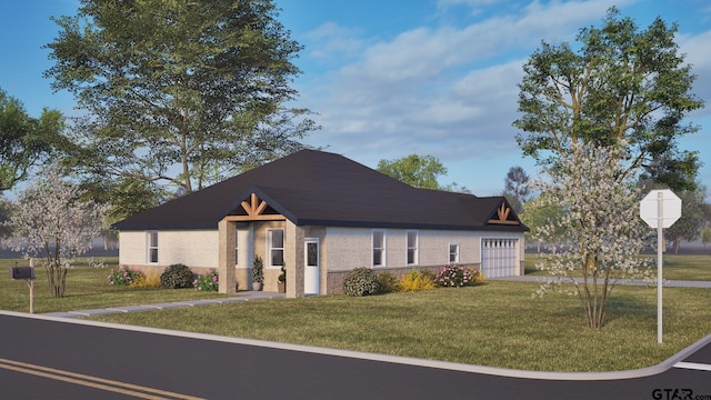 view of front of house featuring an attached garage, brick siding, and a front yard