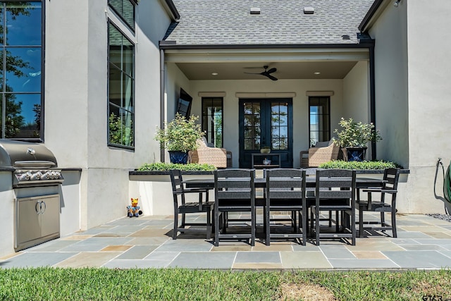 7612 Crosswater, Tyler, TX 75703 - view of patio featuring french doors, area for grilling, a ceiling fan, and outdoor dining space