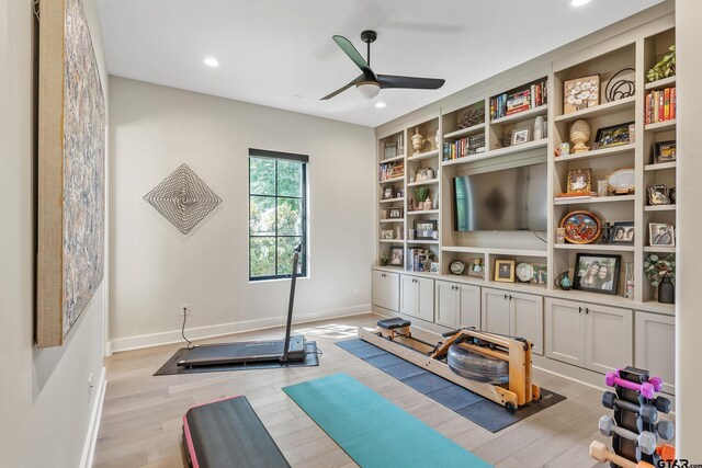7612 Crosswater, Tyler, TX 75703 - exercise room with ceiling fan, baseboards, light wood-style flooring, and recessed lighting