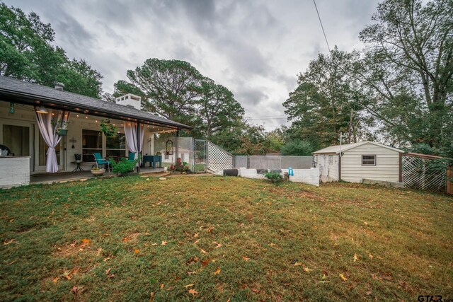 view of yard featuring a patio and a shed