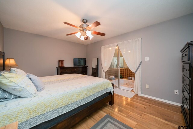 bedroom featuring light wood-type flooring and ceiling fan