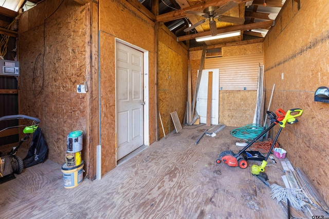 storage room with a ceiling fan