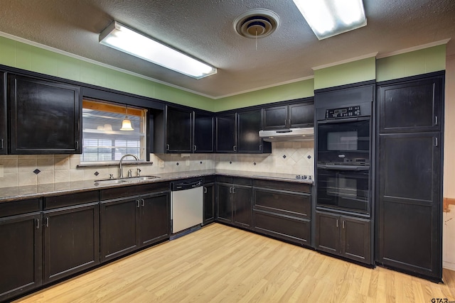 214 County Road 1900, Yantis, TX 75497 - kitchen with a sink, black appliances, ornamental molding, light wood finished floors, and a textured ceiling