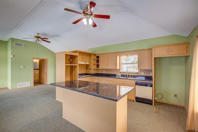 kitchen with light colored carpet, lofted ceiling, white dishwasher, sink, and ceiling fan