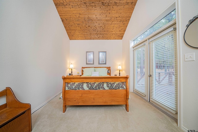 207 S King Laurence Ct, Scroggins, TX 75480 - bedroom featuring carpet, access to exterior, vaulted ceiling, wooden ceiling, and baseboards