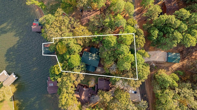207 S King Laurence Ct, Scroggins, TX 75480 - aerial view of property and surrounding area with a large body of water and property parcel outlined