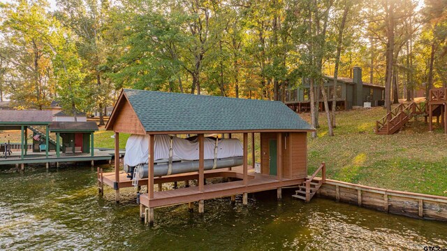 207 S King Laurence Ct, Scroggins, TX 75480 - dock with boat lift, a water view, and stairs