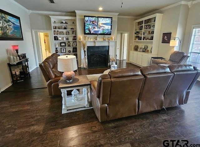306 Cameron St, Whitehouse, TX 75791 - living room featuring ornamental molding, a fireplace, dark wood finished floors, and built in shelves