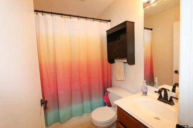 full bathroom featuring shower / bath combination with curtain, vanity, and toilet