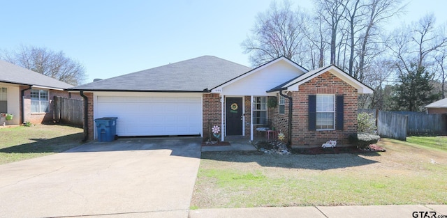 ranch-style home with a garage, brick siding, concrete driveway, fence, and a front yard