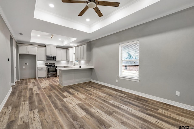 1608 N Englewood Ave, Tyler, TX 75702 - kitchen with stainless steel appliances, ornamental molding, a tray ceiling, a peninsula, and ceiling fan