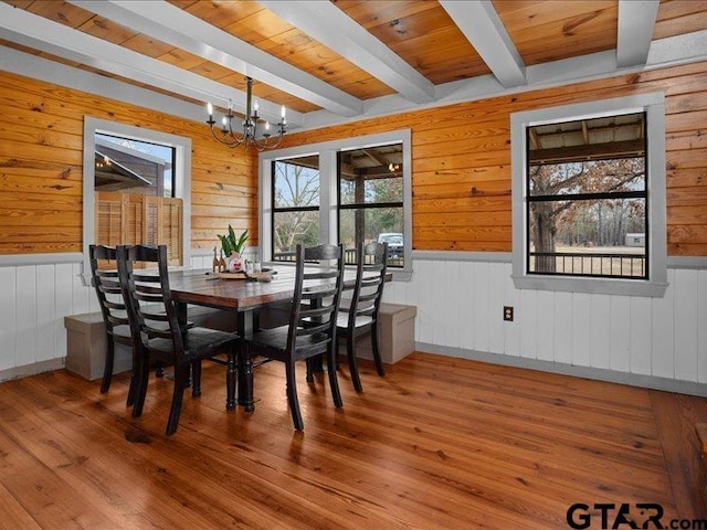 dining area featuring beamed ceiling, wood ceiling, hardwood / wood-style floors, and a notable chandelier