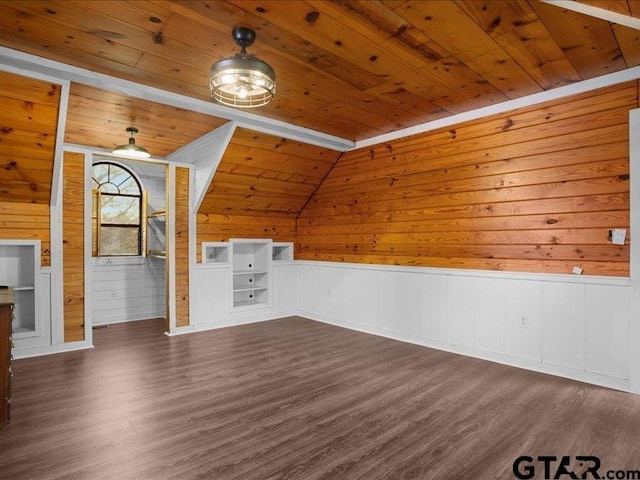 unfurnished living room with lofted ceiling, wood ceiling, dark wood-type flooring, and wood walls