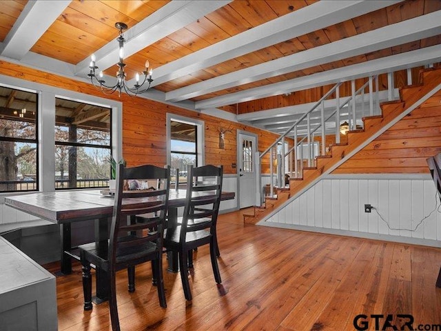 unfurnished dining area with a notable chandelier, wood-type flooring, wooden ceiling, beamed ceiling, and wood walls