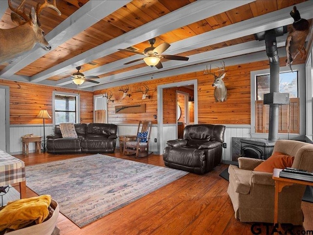 living room featuring wooden walls, a wood stove, hardwood / wood-style flooring, wood ceiling, and beam ceiling