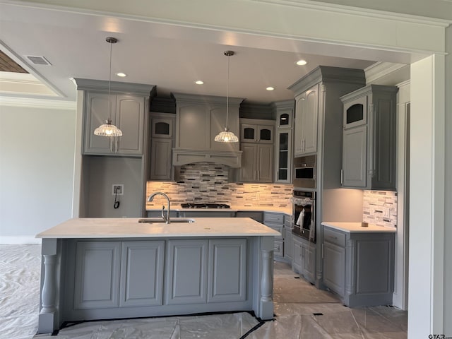 89 S Ryder Cup, Hideaway, TX 75771 - kitchen with gray cabinetry, appliances with stainless steel finishes, a sink, light countertops, and decorative backsplash